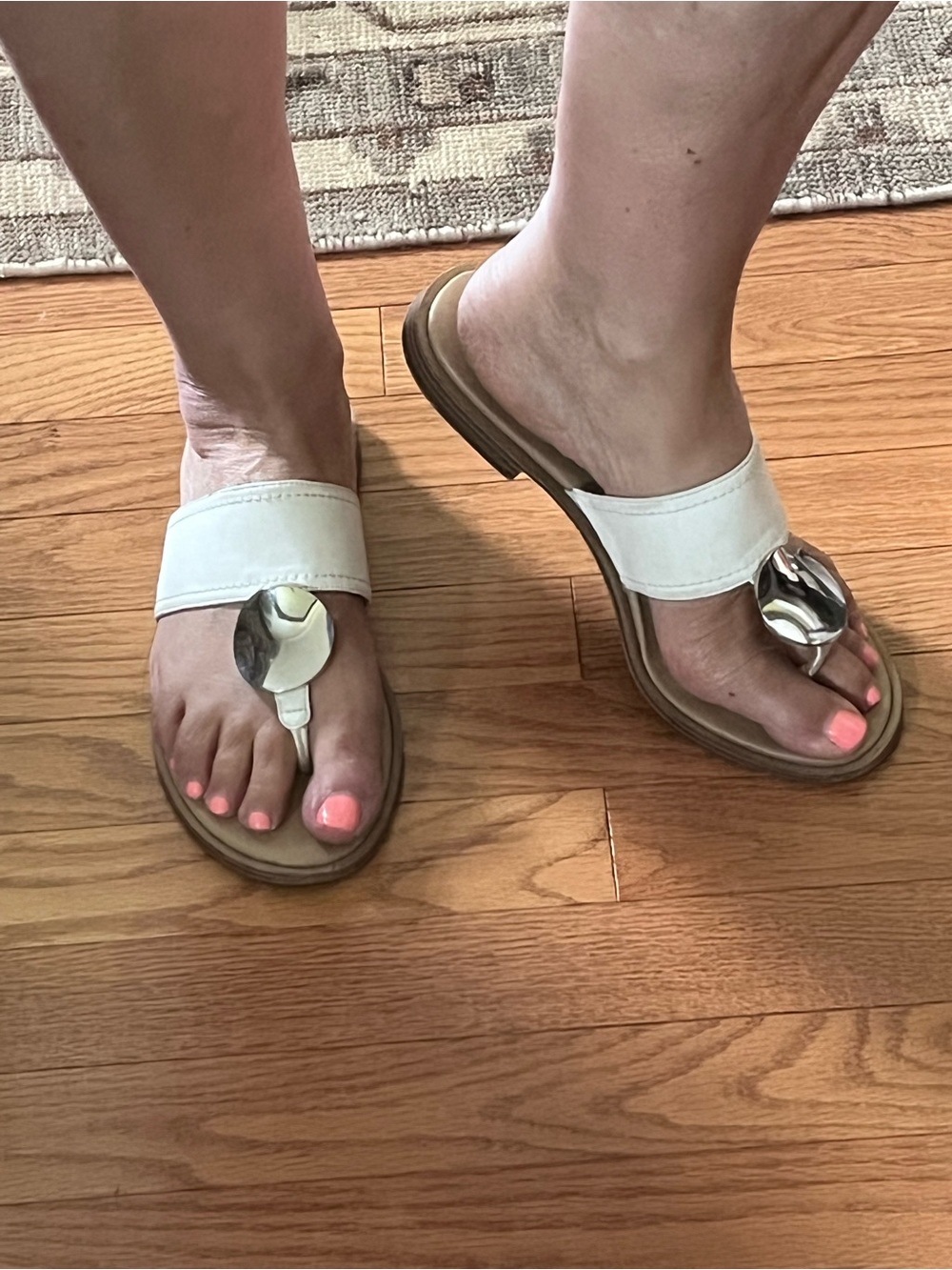 Naturalizer White Leather Toe-Post Sandals with Silver Disc Detail